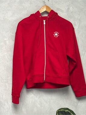 Red Zip-Up Hoodie – Women’s Medium – Converse Cropped Sweatshirt NWO